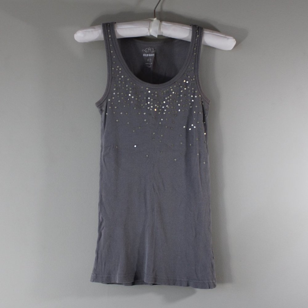 Old Navy Sequined Tank Top - Size S/P, Grey, Ribbed, Sequined Front, 100% Cotton